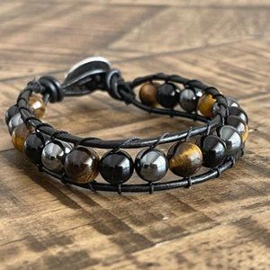 Tiger Eye - Black Onyx - Hematite Leather Bracelet